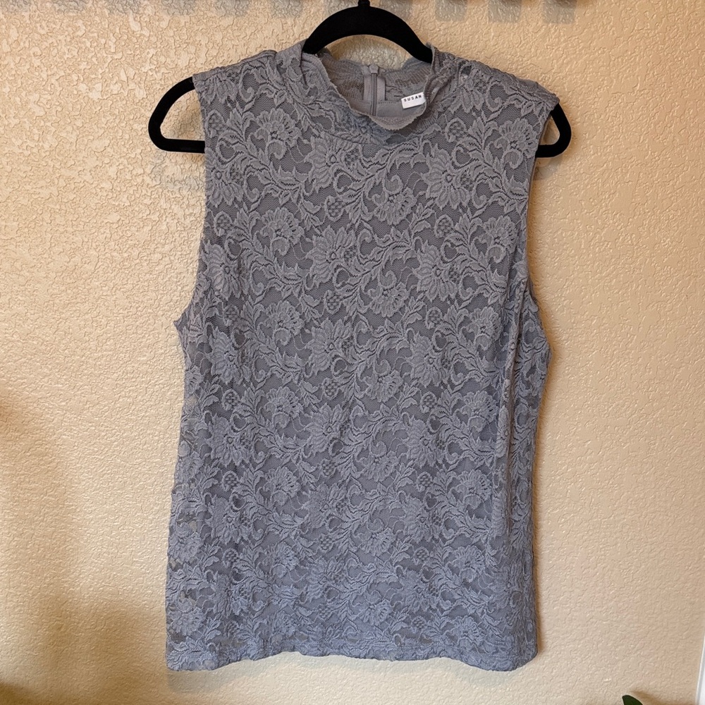 Susan Graver Gray Floral Lace Sleeveless Top